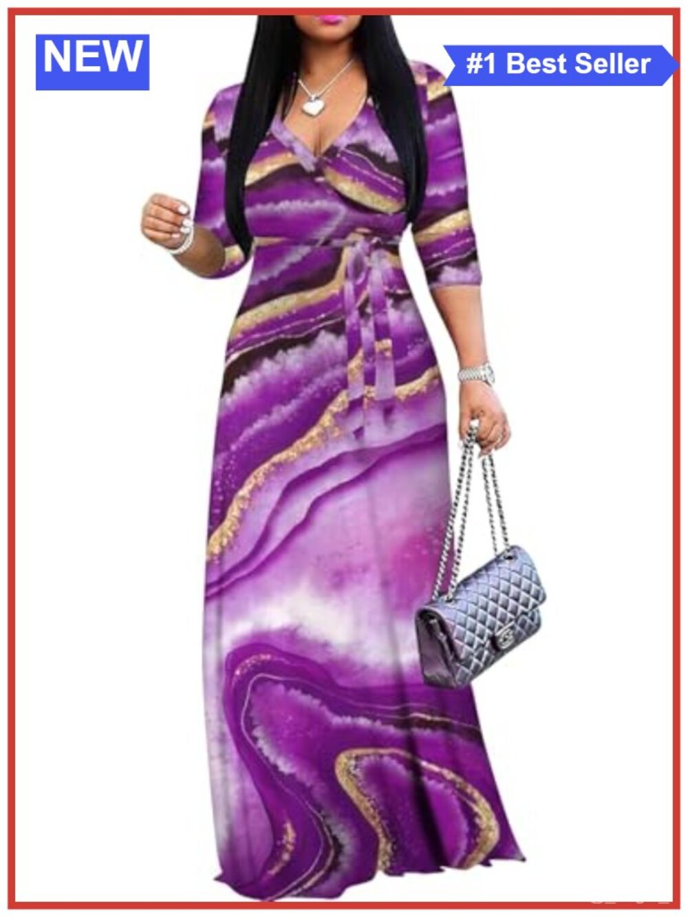 Plus Size Maxi Dress 3/4 Sleeve V-Neck Casual Summer Sundress with Belt